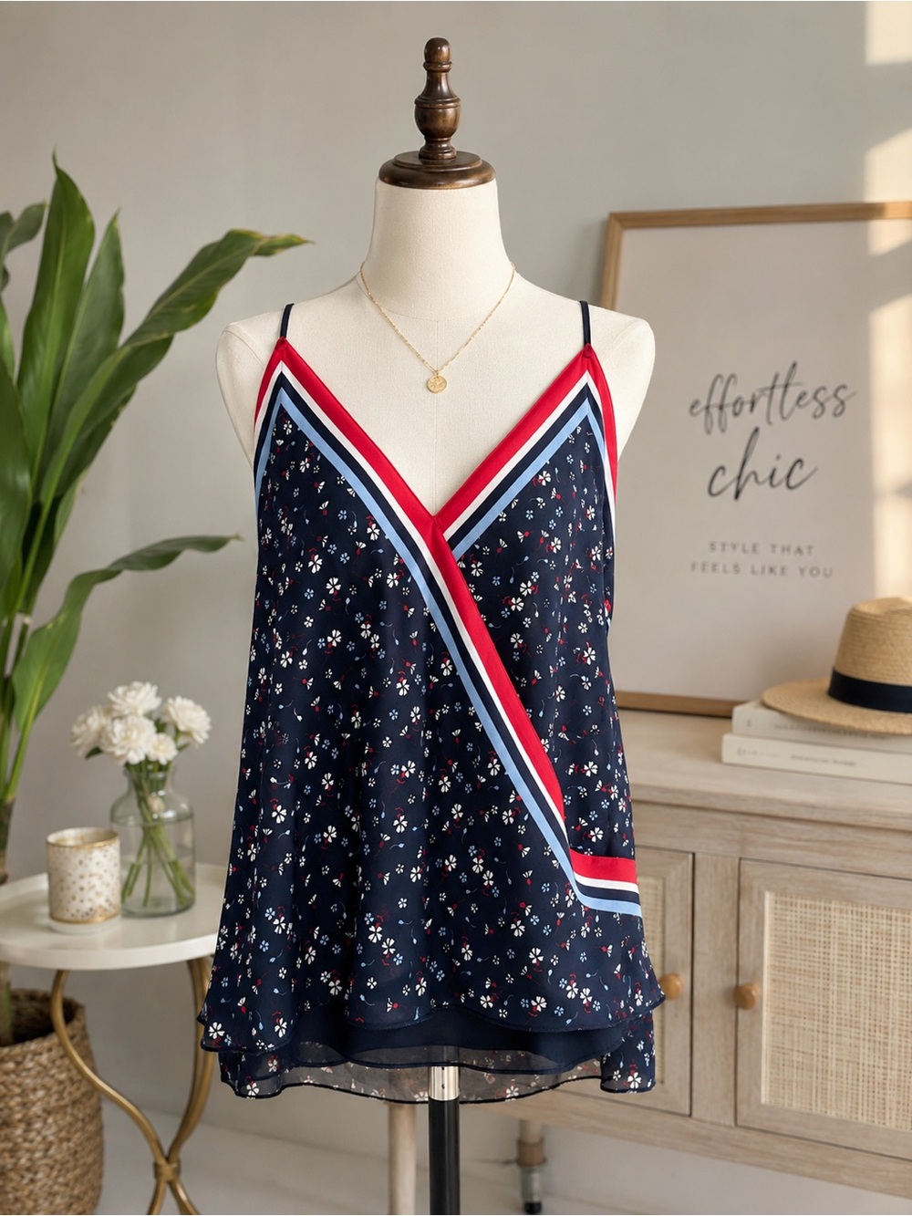 Bailey 44 Navy Floral V-Neck Camisole with Red and Light Blue Stripe Trim
